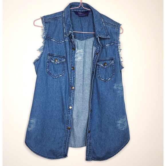 Miley Cyrus Denim Vest Distressed Sz. S Grunge Frayed Med. Wash Sleeveless - Picture 3 of 7